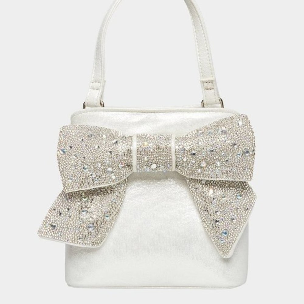 Betsey Johnson Kitsch GLITTERATZI BOW Top Handle Bag Silver BJ32575M & Keychain